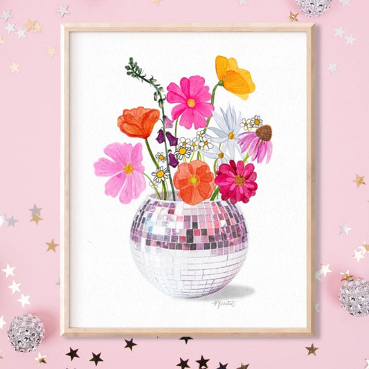 Disco Flowers DIGITAL DOWNLOAD Print Trendy Printable Wall Art Discoball Art Print Bright Retro Flowers Watercolor Flowers Dopamine Decor