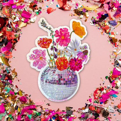 Sparkle Holographic Disco Flowers Sticker, Waterproof Vinyl Sticker, Disco Ball, Flower Sticker, Retro, Pink Flowers