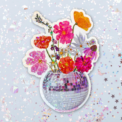 Sparkle Holographic Disco Flowers Sticker, Waterproof Vinyl Sticker, Disco Ball, Flower Sticker, Retro, Pink Flowers