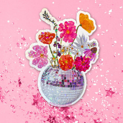Sparkle Holographic Disco Flowers Sticker, Waterproof Vinyl Sticker, Disco Ball, Flower Sticker, Retro, Pink Flowers
