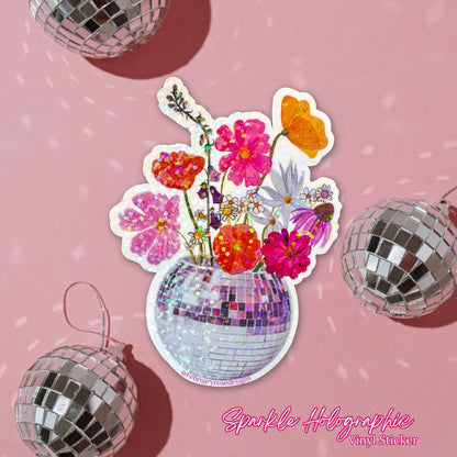 Sparkle Holographic Disco Flowers Sticker, Waterproof Vinyl Sticker, Disco Ball, Flower Sticker, Retro, Pink Flowers