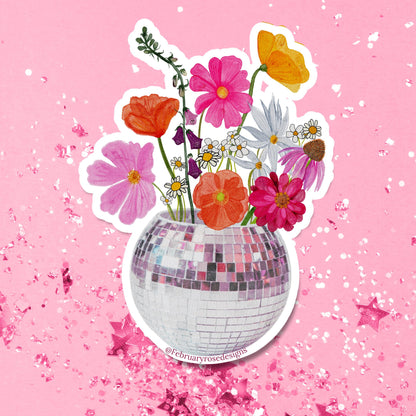 Disco Flowers Sticker, Waterproof Vinyl Sticker, Disco Ball, Flower Sticker, Retro, Pink Flowers