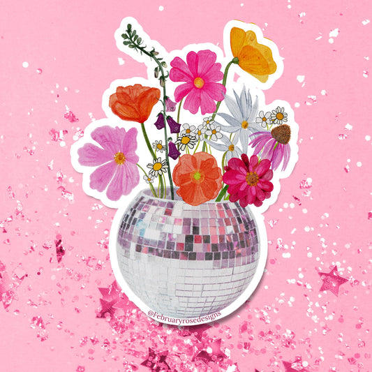 Disco Flowers Sticker, Waterproof Vinyl Sticker, Disco Ball, Flower Sticker, Retro, Pink Flowers
