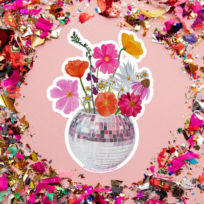 Disco Flowers Sticker, Waterproof Vinyl Sticker, Disco Ball, Flower Sticker, Retro, Pink Flowers