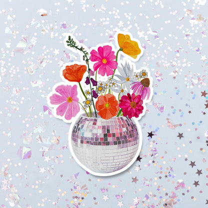 Disco Flowers Sticker, Waterproof Vinyl Sticker, Disco Ball, Flower Sticker, Retro, Pink Flowers