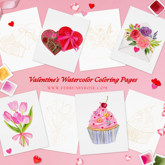 Valentine's Day Watercolor Coloring Page Paint Kit, Coloring Pages, Watercolor Pages, Coloring Book, vday crafts, Art Kit, DIY, Paint Kit