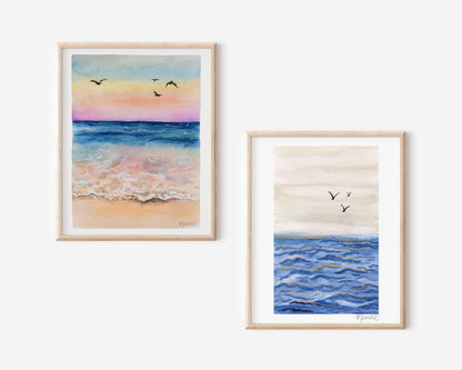 Sunset by the Seashore Watercolor Art Print