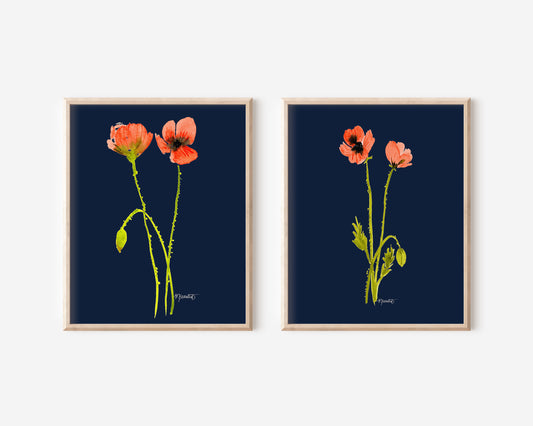 A Pair of Dancing Poppy Stems in Navy