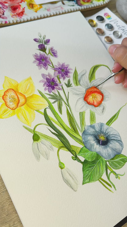 Custom Family Birth Flower Bouquet – Hand-Painted Watercolor
