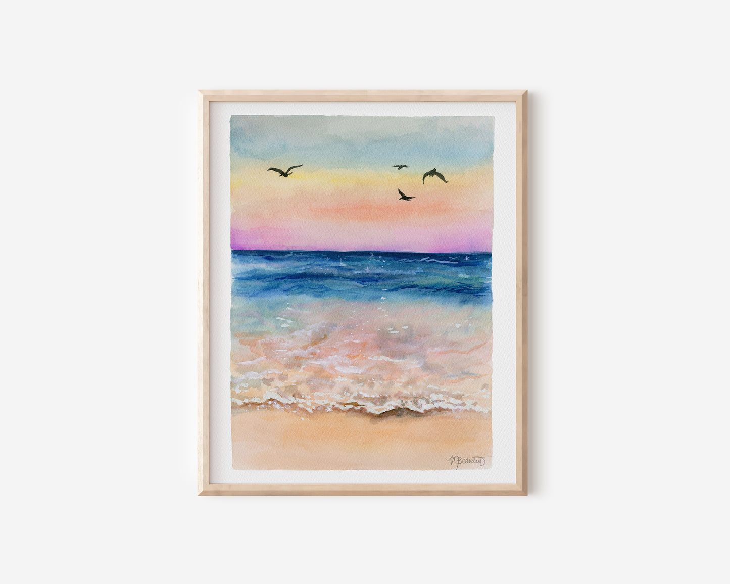 Sunset by the Seashore Watercolor Art Print