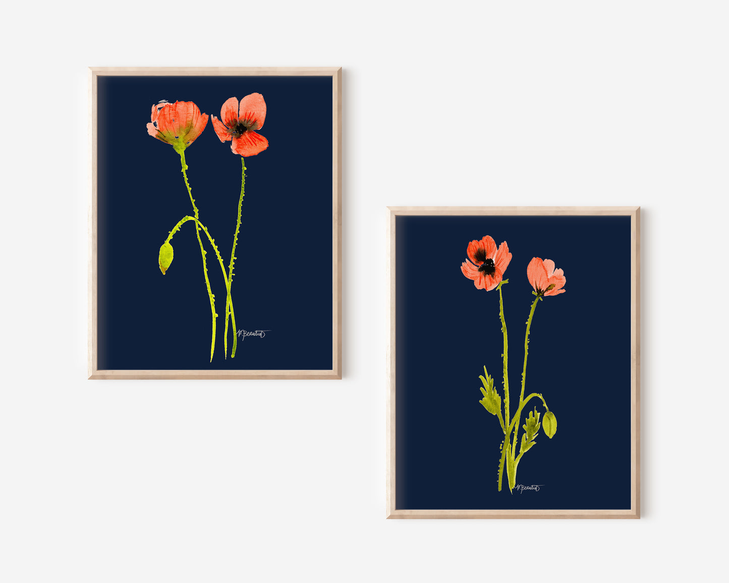 A Pair of Dancing Poppy Stems in Navy