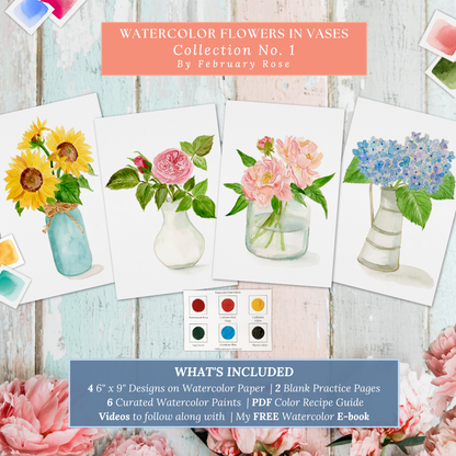 Watercolor Flowers in Vases Collection No. 1 Watercolor Coloring Pages Paint Kit - BEGINNER FRIENDLY TO ADVANCED
