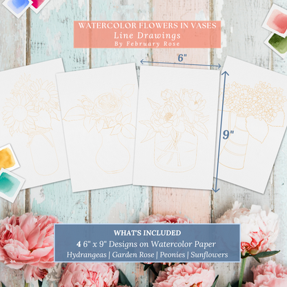 Watercolor Flowers in Vases Collection No. 1 Watercolor Coloring Pages ONLY