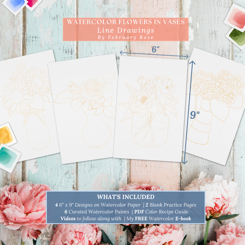 Watercolor Flowers in Vases Collection No. 1 Watercolor Coloring Pages Paint Kit - BEGINNER FRIENDLY TO ADVANCED