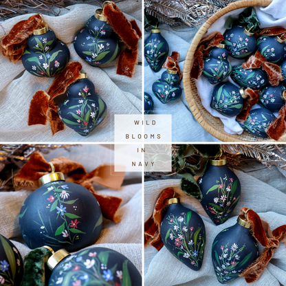 Wildflowers in Dark Navy Retro Shaped Ceramic Ornament