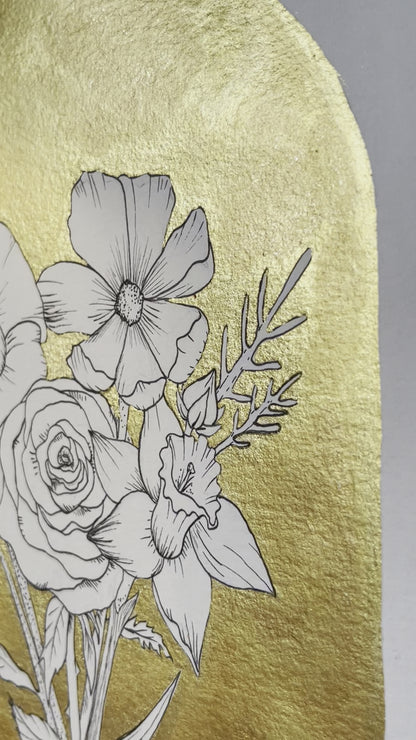 Custom Family Birth Flower Line Art Bouquet with Metallic Painted Background