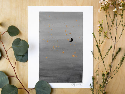 Gray Moon Watercolor Art Print