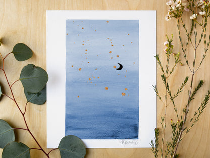 Navy Moon Watercolor Art Print