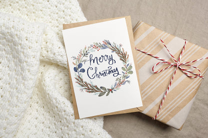 Merry Christmas Wreath Holiday Greeting Card
