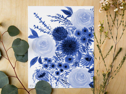 Navy Florals Watercolor Art Print