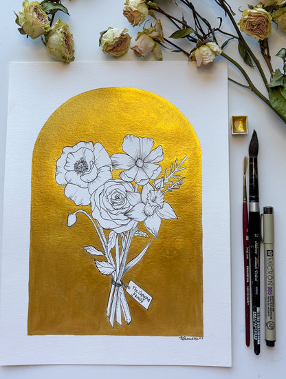 Custom Family Birth Flower Line Art Bouquet with Metallic Painted Background