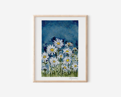 Midnight Daisy Field Watercolor Art Print