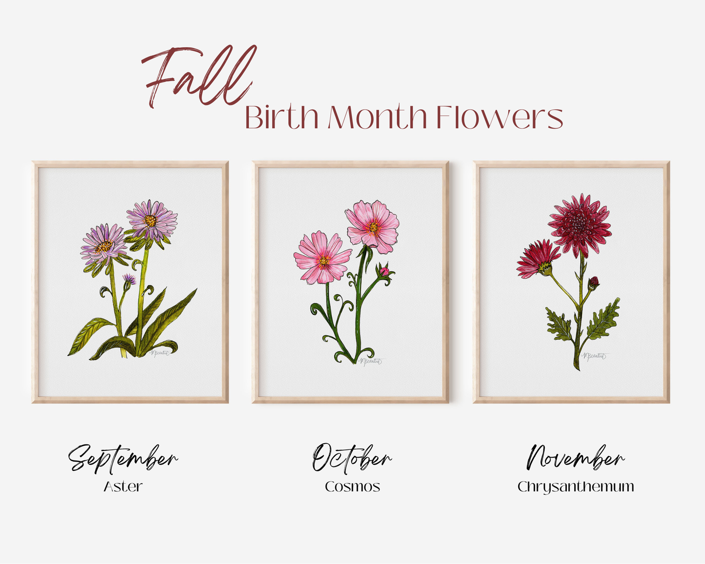 September Aster Flower Watercolor Birth Month Flower Botanical Art Print