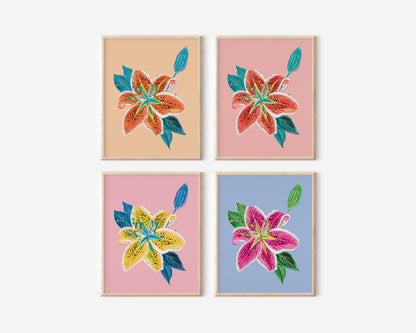 Retro Yellow & Blue Lily Art Print