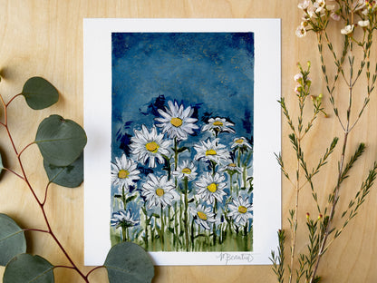 Midnight Daisy Field Watercolor Art Print