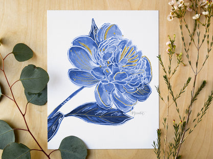 Navy Peony Watercolor Art Print