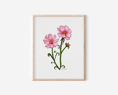 October Cosmos Flower Watercolor Birth Month Flower Botanical Art Print