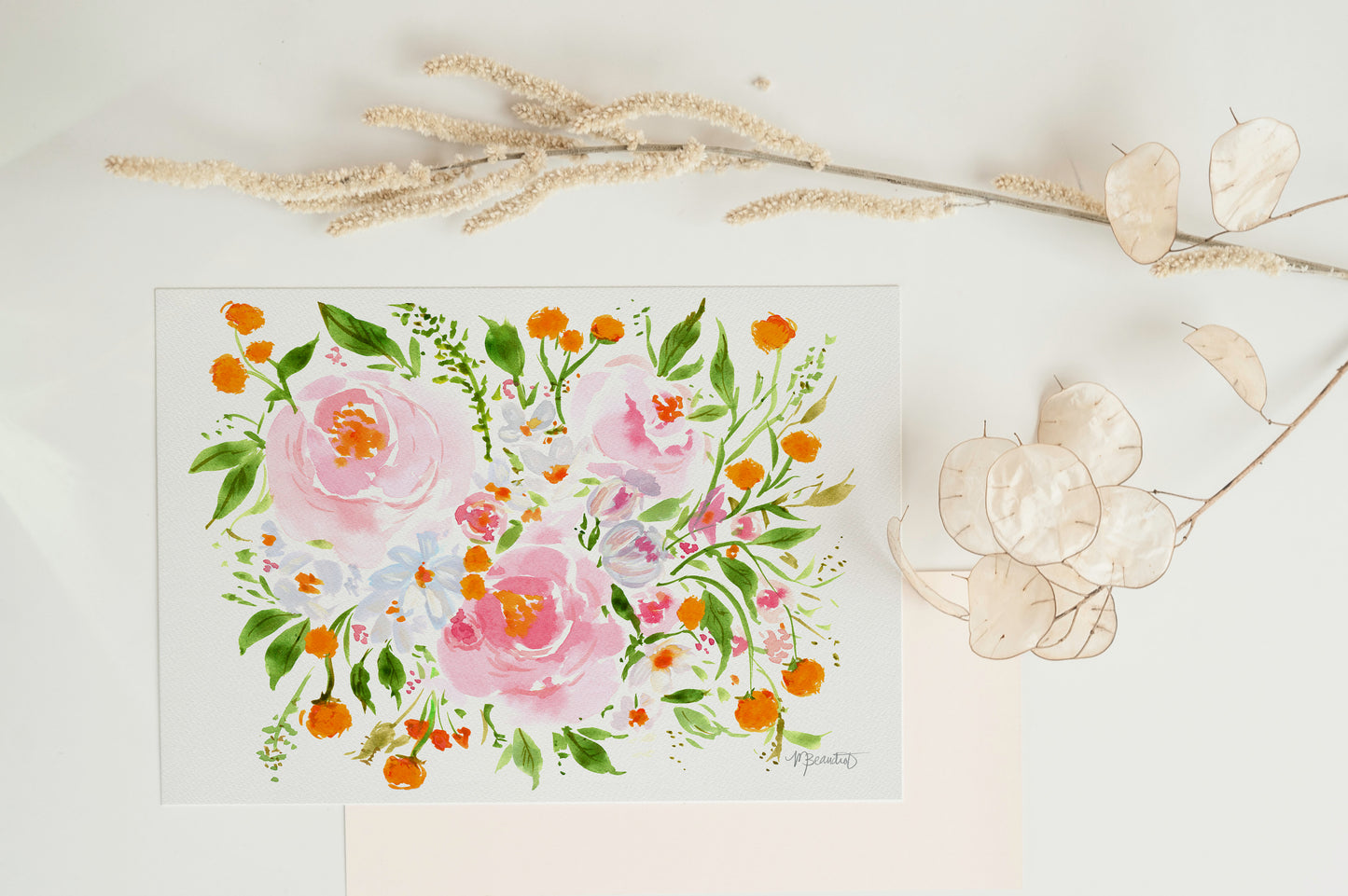 bright floral watercolor with pink and orange colors
