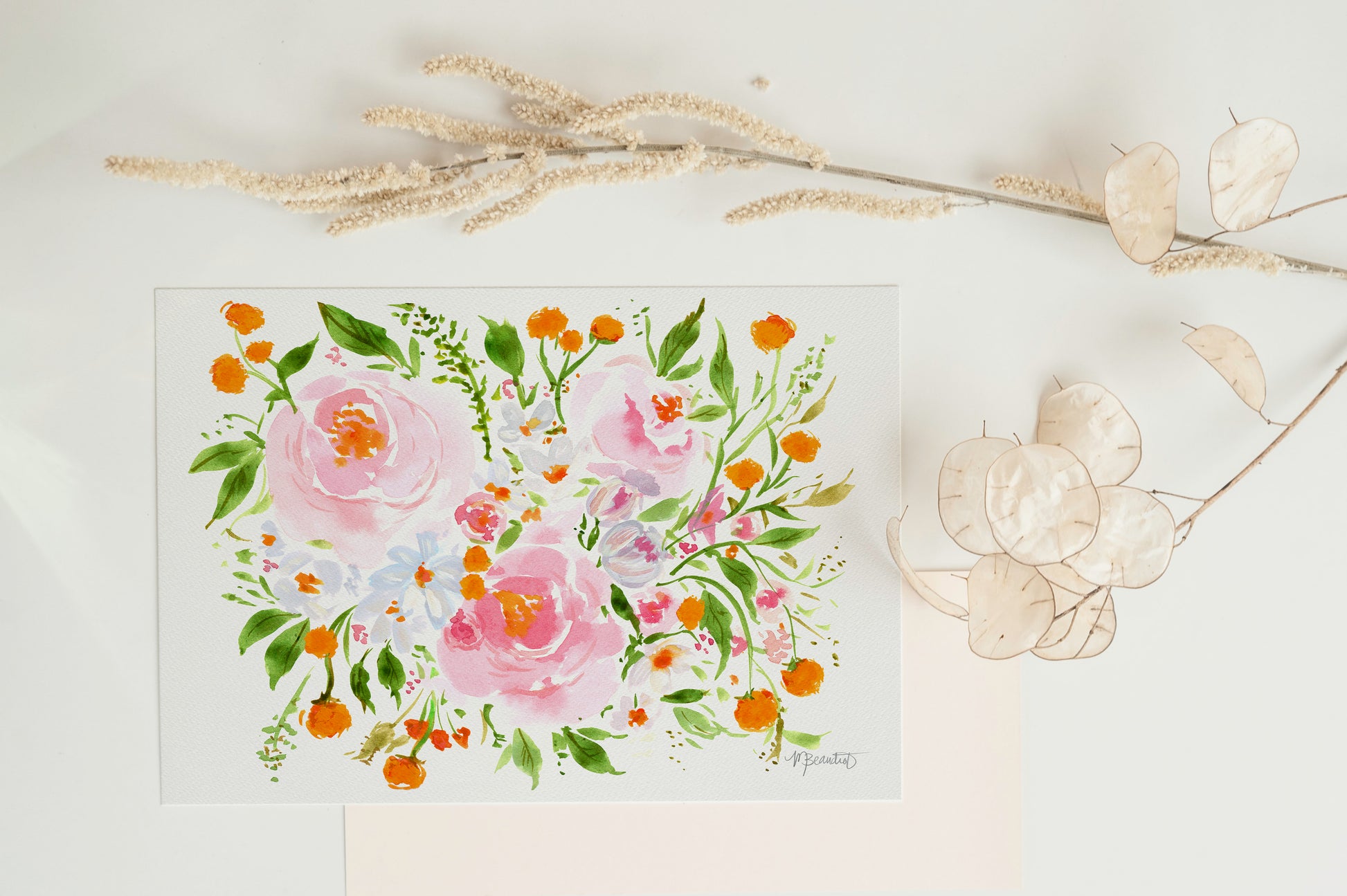 bright floral watercolor with pink and orange colors