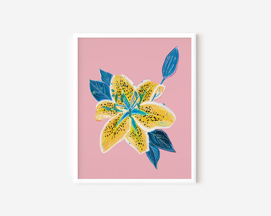 Retro Yellow & Blue Lily Art Print